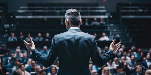 Rear view of a businessman addressing a large professional audience at a conference. - obrazy, fototapety, plakaty