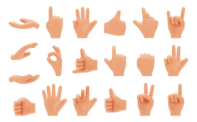 Fototapeta premium Hand gestures showing approval and greeting, pointing index finger up. Vector isolated thumb up and okay, victory peace V sign, asking give and take. Waving hi and high five, clenched fist