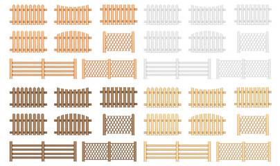 Fence realistic wooden timber vector illustration set. Cartoon garden planks of white, brown or grey color, village architecture rustic outdoor barrier, backyard garden picket
