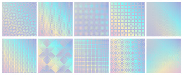 Futuristic hologram texture, set of gradient prints with glowing rainbow effect. Vector patterns with dots and squares, circles and geometric design. Cards for background, modern flyers