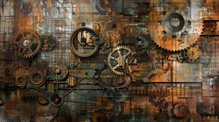 Obraz na płótnie Canvas Rustic Industrial Collage with Mechanical Gear Wheels.