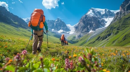 Hikers with backpacks walking through a blooming mountain meadow. Sunny landscape photography with a clear sky and outdoor adventure concept for travel - obrazy, fototapety, plakaty