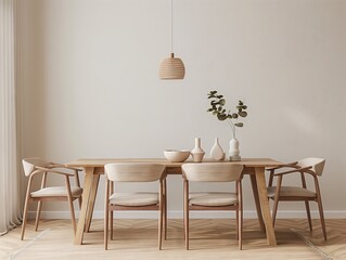 A dining room featuring furniture made of natural hardwood, including a rectangular wooden table and chairs. The flooring is also made of wood