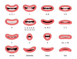 Realistic mouth sync. Vector talking lips for cartoon character animation and english pronunciation signs. Isolated female or make emotions and speaking articulation set with letters of language - obrazy, fototapety, plakaty