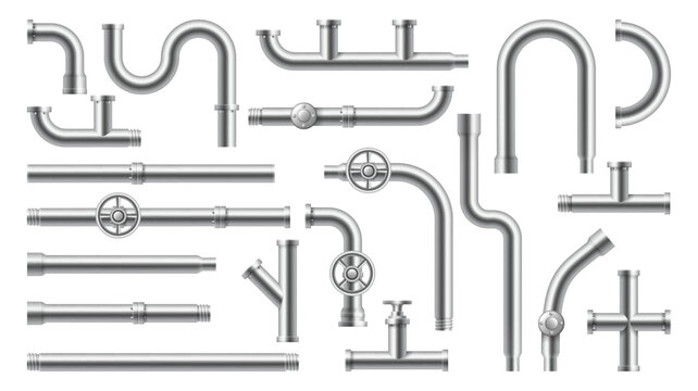 Stainless steel and metallic pipes, plumbing fittings. Vector water, fuel or gas supply system, oil refinery industry pipeline, house sewer bolted sections. Isolated 3d realistic connections