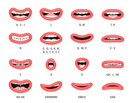 Realistic mouth sync. Vector talking lips for cartoon character animation and english pronunciation signs. Isolated female or make emotions and speaking articulation set with letters of language