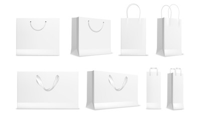Paper shopping bag isolated vector illustration of realistic white shop packages. Empty shopper bags template, supermarket shop mall packs. Retail present bags, sale merchandise products