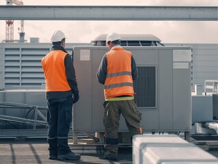 Two technicians in safety vests and helmets examine an outdoor HVAC unit.