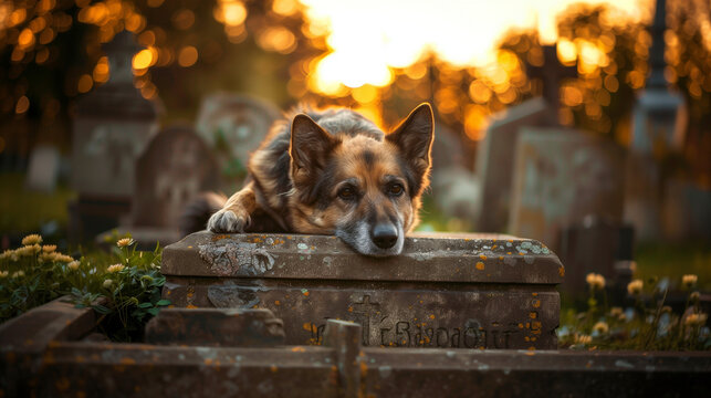 A dog lies on the grave of its recently deceased master. Dog depression.
