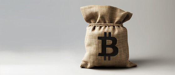 Money Bag Filled and Sealed, with Bitcoin Logo Embossed, on Grey Background, Digital Cryptocurrency, Stock Market