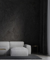 The modern cozy living room idea design and black concrete wall background. 3d rendering. 