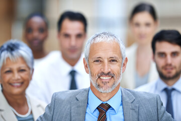 Portrait, leadership and group of business people with mature manager, confidence or solidarity at...