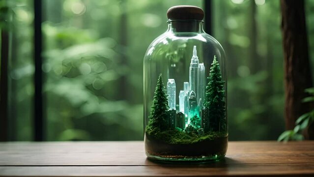 瓶の中の都市と緑ぼかし背景,Generative AI 