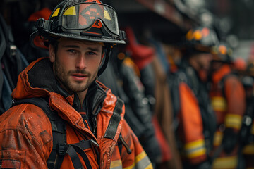 A group of firefighters in uniform standing next to each other during an equipment check for International Firefighters Day