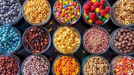 A variety of colorful cereals neatly arranged in rows, ready for breakfast. - obrazy, fototapety, plakaty