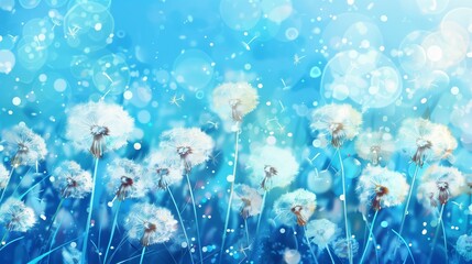Banner of beauty white dandelion on a blue background 
