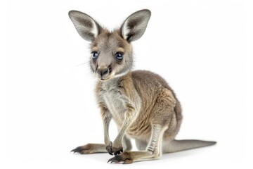 Adorable baby kangaroo sitting in front of a white background, gazing at the camera