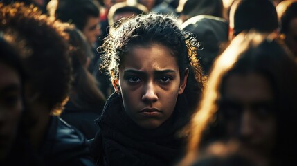 A woman's face in a crowd, her expression one of fear and isolation, highlighting the loneliness of victims. - obrazy, fototapety, plakaty