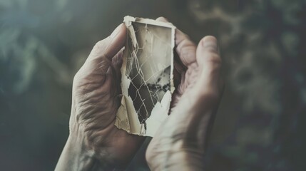 A woman's hand clutching a torn photograph, symbolizing the shattered dreams and hopes of victims of violence.
