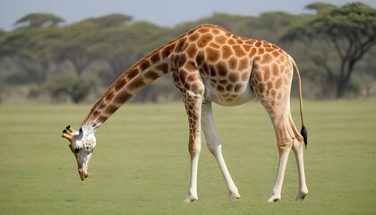 Naklejka na ściany i meble A Giraffe With Its Neck Bent To Graze On Grass