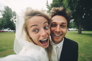 Selfie portrait smiling bride and groom - 762232225