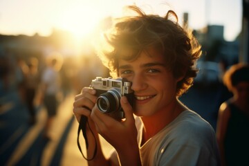 Hipster boy holding retro camera - 762232264
