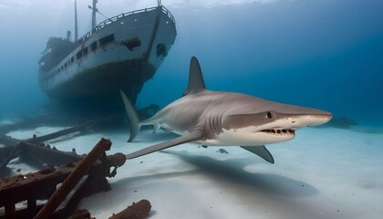 A Hammerhead Shark Swimming Past A Shipwreck - obrazy, fototapety, plakaty