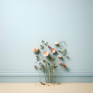 Elegant flowers standing vertically artistically against a pastel blue wall with a classic chair rail detail. Minimal floral pattern. Minimal concept. Copy space