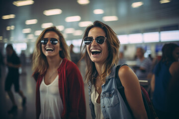 Two smiling women in airport terminal - 762232436