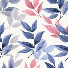 Elegant Seamless Pattern with Blue, Pink and Gray Leaves on Beige Background for Textile Design