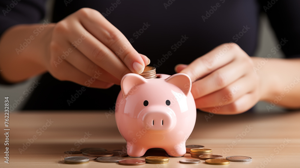 Poster hands placing coins into piggy bank ai generated closeup image