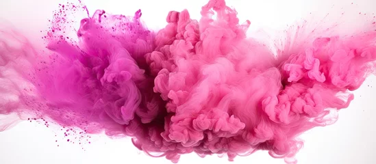 Poster Petal pink and violet purple smoke rises from the water against a white backdrop, resembling natural artwork with a touch of magenta and a hint of furlike texture © 2rogan