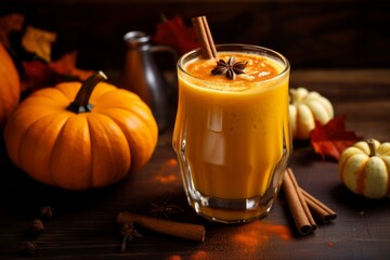 Creamy Pumpkin healthy drink glass. Autumn orange fall vitamin diet. Generate Ai