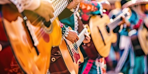 Mexican musicians in traditional outfits play guitars on the street, mexican holiday background for Cinco de Mayo
