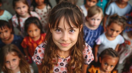 Beautiful professional female teacher of nursery school or kindergarten looking at camera while standing against group of little learners 