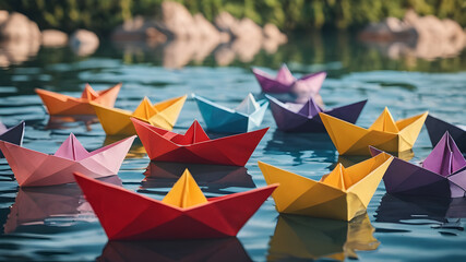  Colorful origami paper boats sailing in water. AI generated image, ai