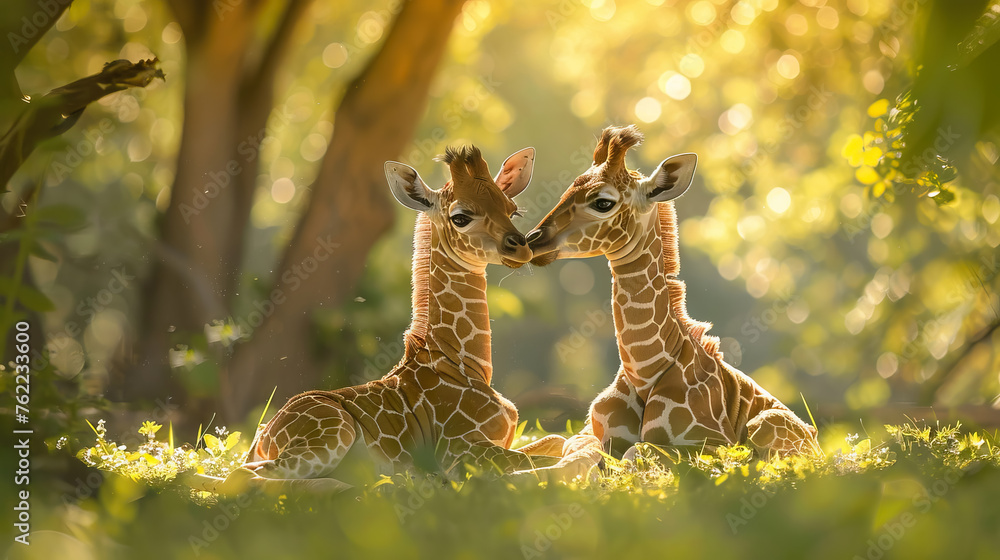 Wall mural two Cute baby giraffes lying in a meadow. wildlife with nature background.