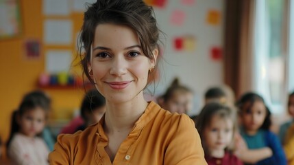 Beautiful professional female teacher of nursery school or kindergarten looking at camera while standing against group of little learners - obrazy, fototapety, plakaty