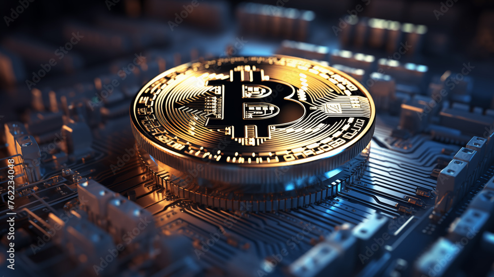 Poster bitcoin coin on circuit board ai generated closeup image