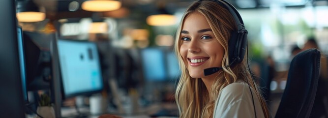 Happy customer service representative working in call center with headset and computer screen, smiling woman assisting customers - obrazy, fototapety, plakaty