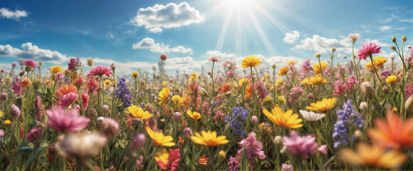 Fototapeta na wymiar Flowers background, landscape panorama - Garden field of beautiful blooming spring or summer flowers on meadow, with sunshine and blue sky