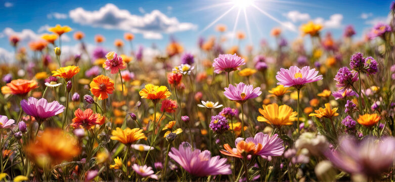 Flowers background, landscape panorama - Garden field of beautiful blooming spring or summer flowers on meadow, with sunshine and blue sky