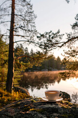Obraz na płótnie Canvas Serene scene of a cup of tea on a rock, surrounded by trees with a lake and sunset in the background.