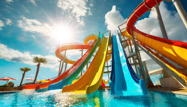 Bottom view of a water park with multicolored slides in a swimming pool with a clear sky and clouds on background. Children playground, summer sports and fun activities concept. Generative Ai.