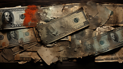 Damaged, worn dollar bills scattered on wooden surface ai generated closeup image