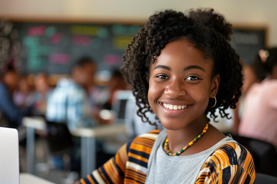 Portrait of curly haired Black teenage girl sitting at desk in school classroom and looking at camera with smile copy space generated AI image