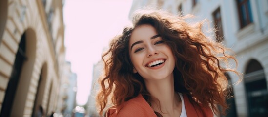 A woman with layered curly hair is laughing and smiling as she strolls down a bustling city street, clearly enjoying the vibrant atmosphere and having fun during her travel adventure