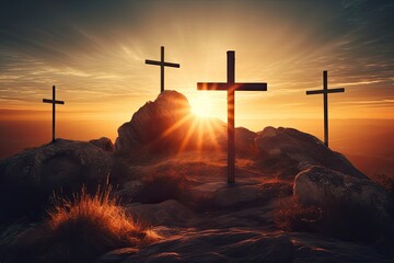 Crucifixion Of Jesus Christ At Sunrise - Three Crosses On Hill - generative ai - obrazy, fototapety, plakaty