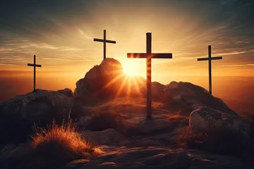Foto op Plexiglas Crucifixion Of Jesus Christ At Sunrise - Three Crosses On Hill - generative ai © Nia™