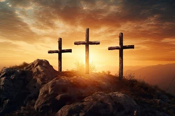 Papier Peint photo autocollant Chocolat brun Crucifixion Of Jesus Christ At Sunrise - Three Crosses On Hill - generative ai